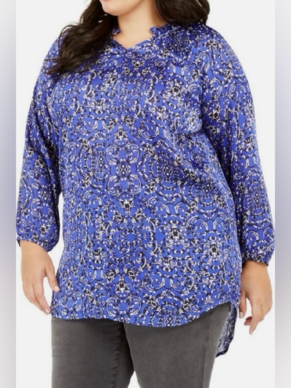NY Collection 2X Plus Size Geometric Print Long Sleeve Satin Top NWT
